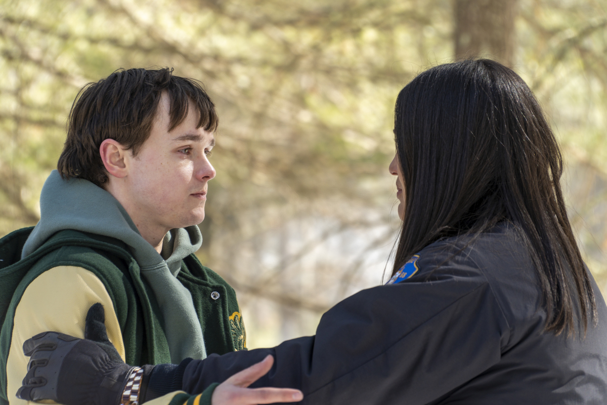 'Dexter: New Blood' -- Harrison (Jack Alcott) comforted by Angela (Julia Jones) in the woods