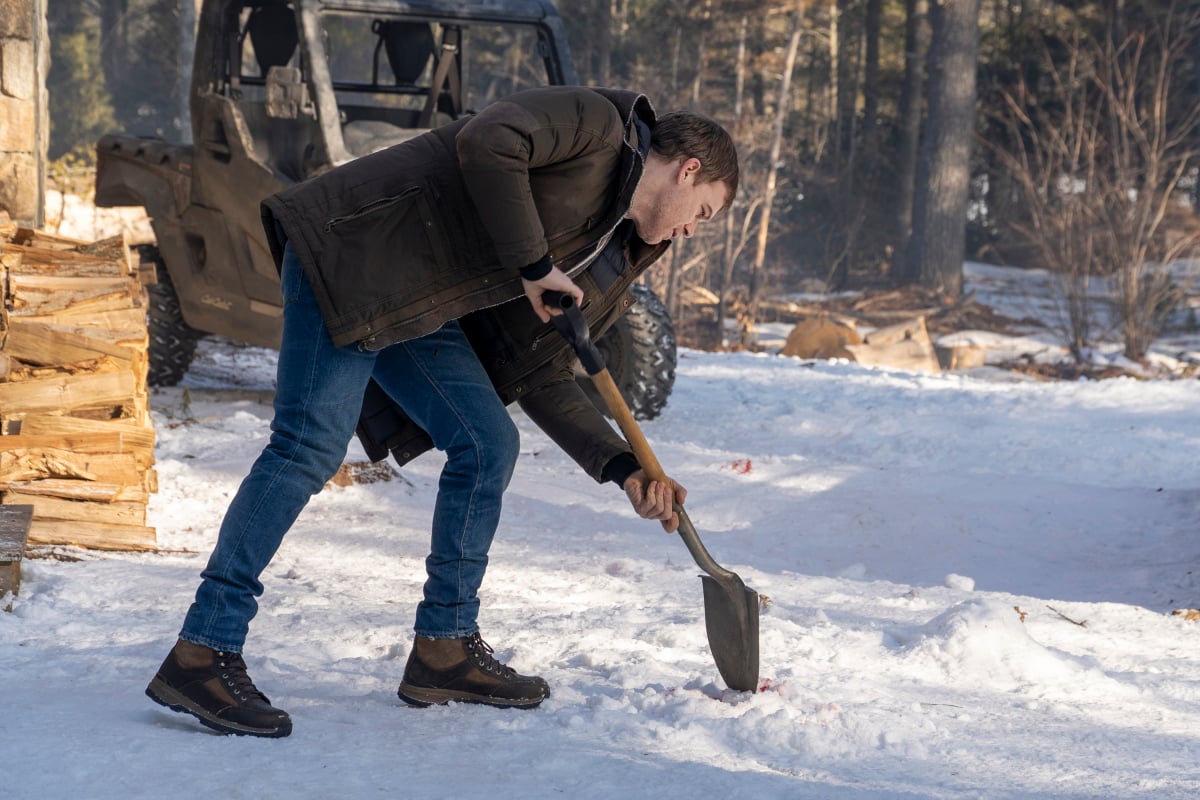 Dexter (Michael C. Hall) shovels blood out of the snow in 'Dexter: New Blood'