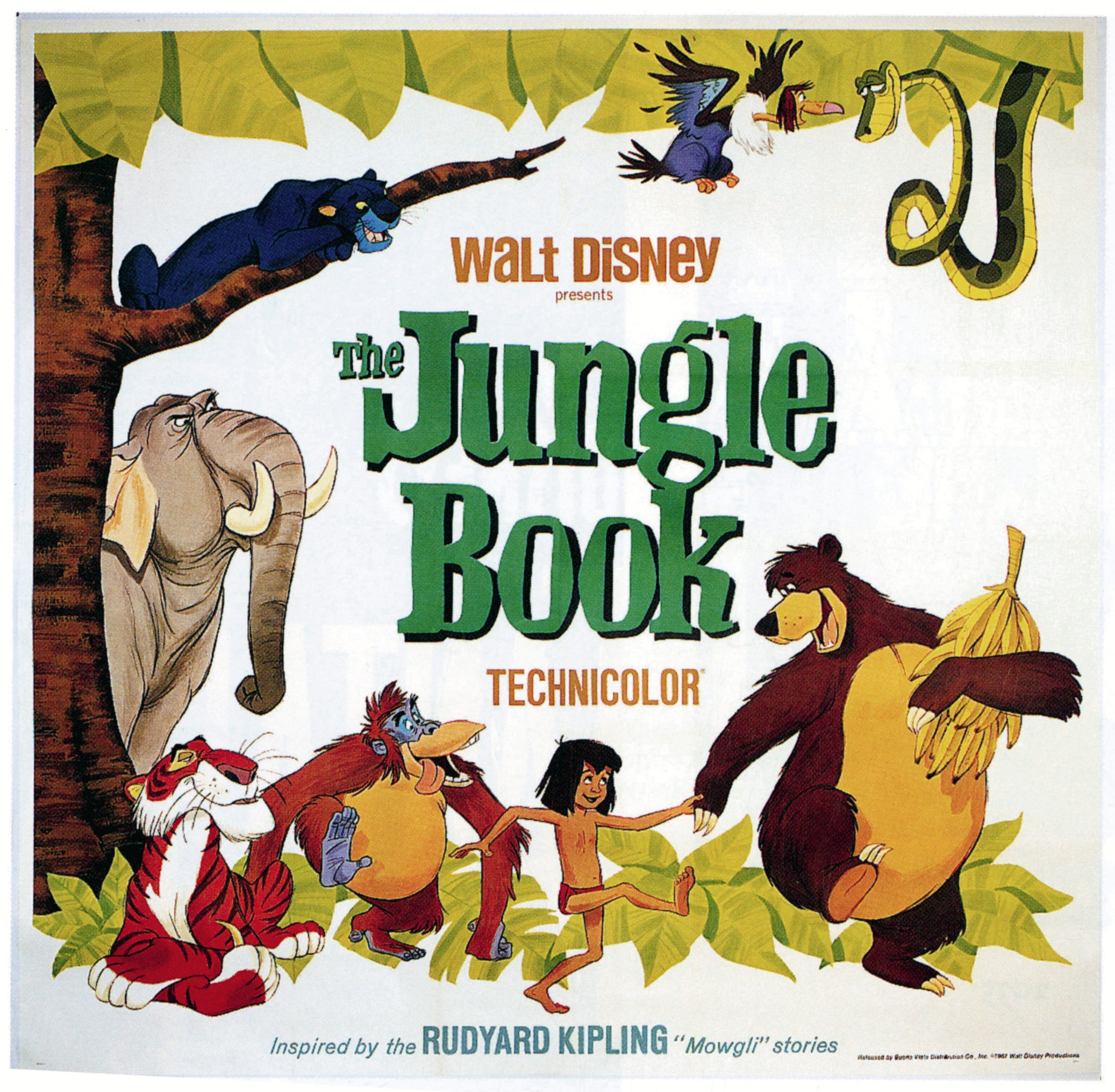 Disney's 'The Jungle Book' poster featuring characters Kaa, Baloo, Mowgli, King Louie, Shere Khan, Colonel Hathi, and Bagheera