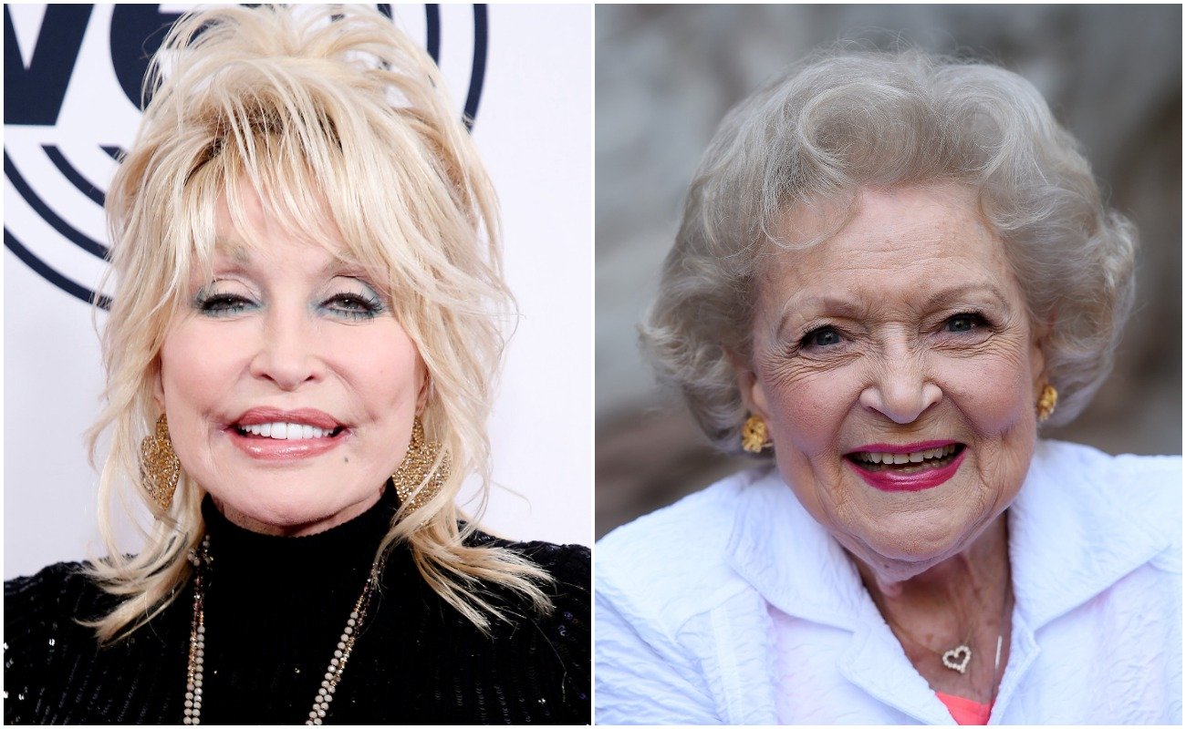 (L-R) Dolly Parton in black at the We Are Family Foundation honors Dolly Parton & Jean Paul Gaultier at Hammerstein Ballroom in 2019. Betty White in white at the The Greater Los Angeles Zoo Association's (GLAZA) 45th Annual Beastly Ball at the Los Angeles Zoo in 2015.