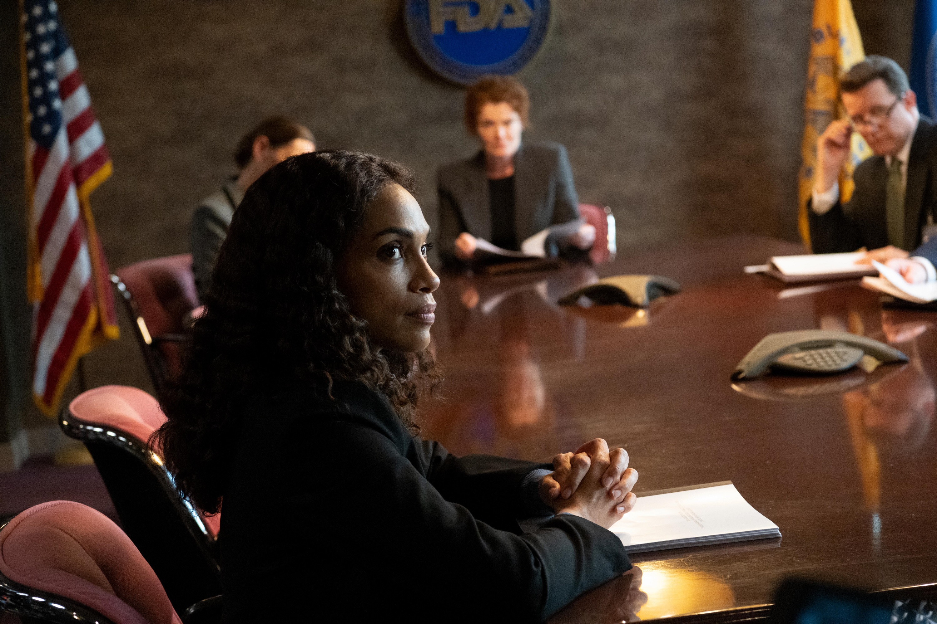 'Dopesick' Rosario Dawson plays Bridget Meyer introducing her findings to the FDA which prompts the 'Black Box Warning'