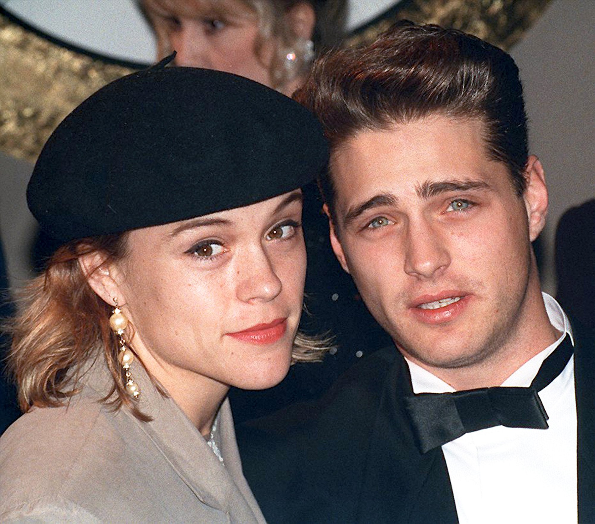 Emily Valentine actor Christine Elise poses with 'Beverly Hills, 90210' costar Jason Priestley