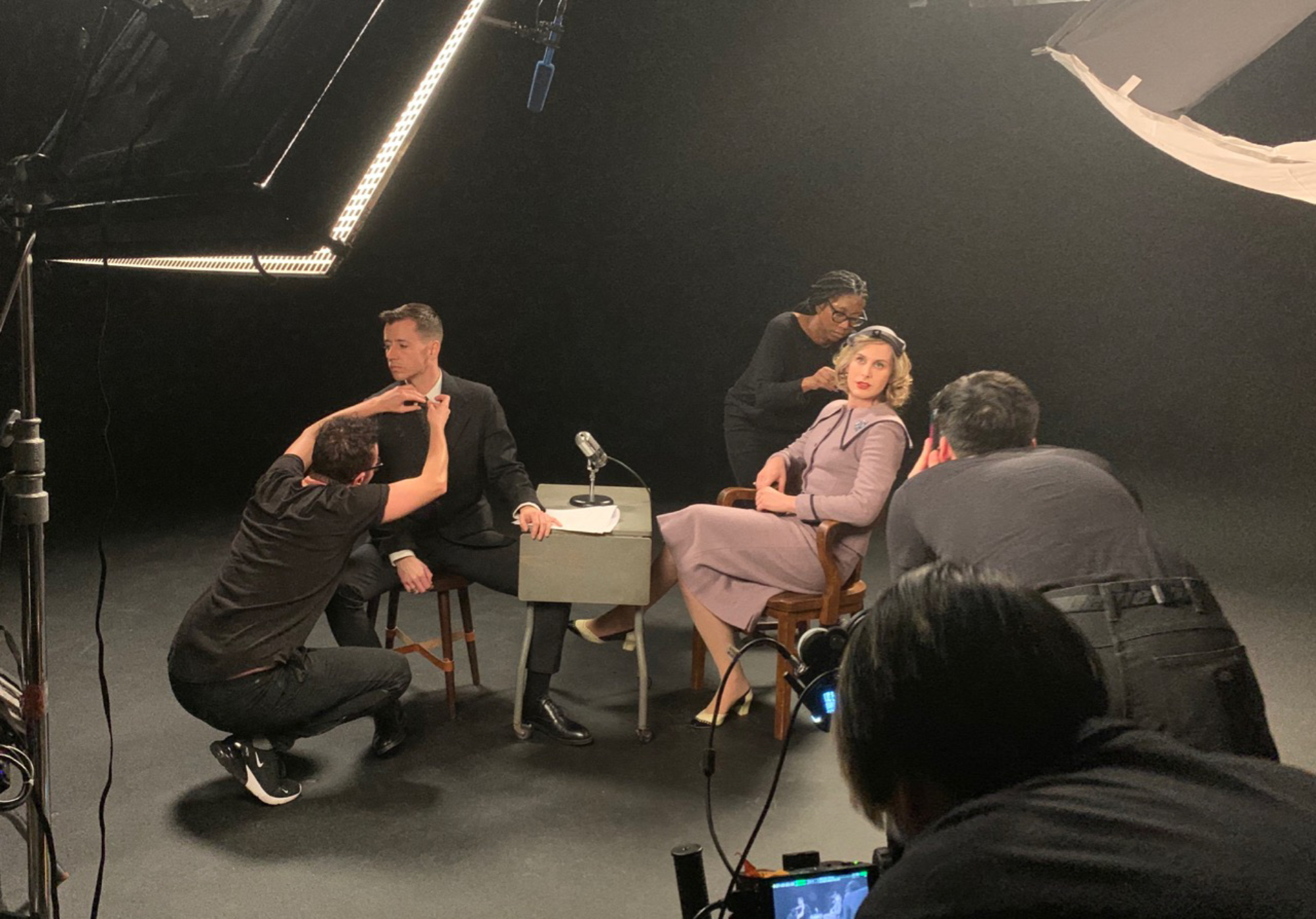 'Framing Agnes' Casey Minatrea (kneeling), Chase Joynt (sitting), Carmen Dianne (standing), Zackary Drucker (sitting) getting ready on set for interview