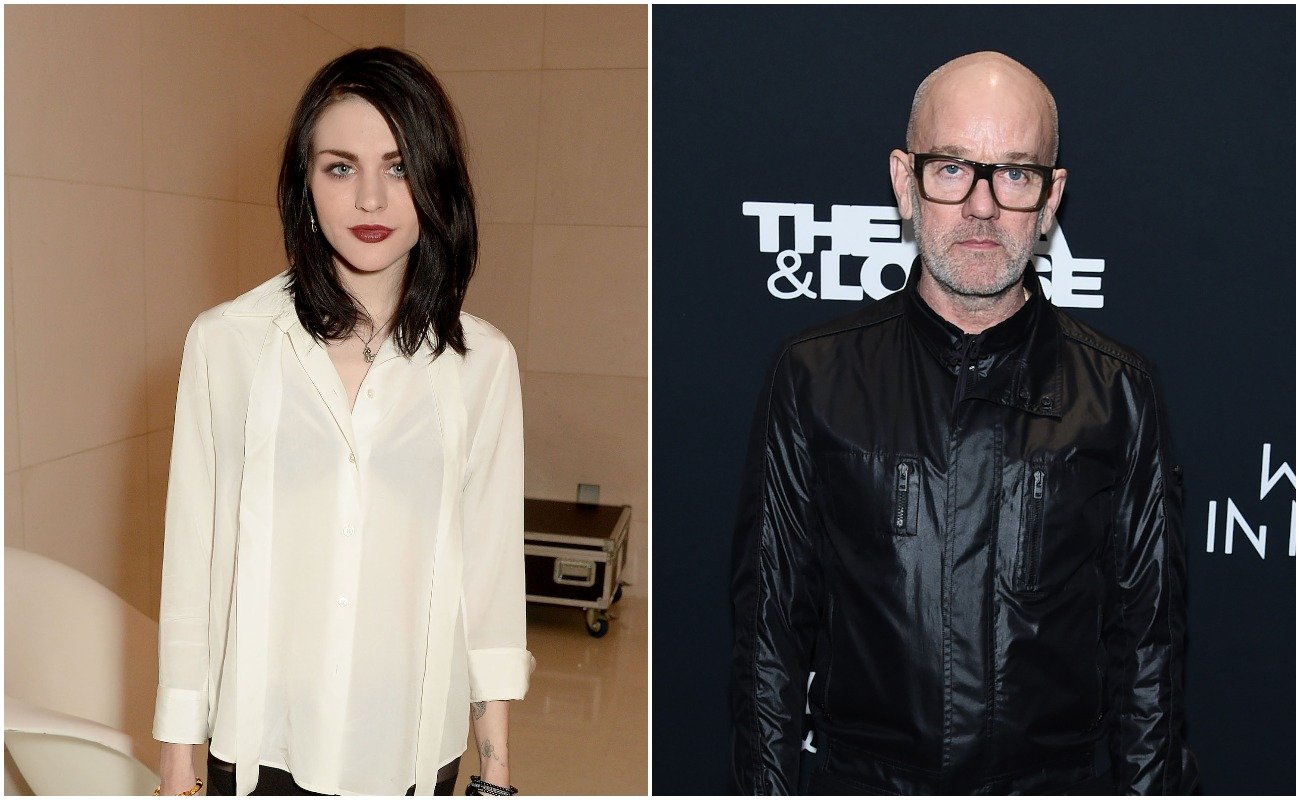 Frances Bean Cobain wearing white in London in 2016, and Michael Stipe wearing a black leather jacket in New York City, 2020.