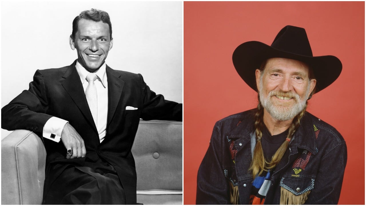 A black and white photo of Frank Sinatra wearing a suit and sitting on the couch next to a photo of Willie Nelson wearing a jacket and cowboy hat against a red background.