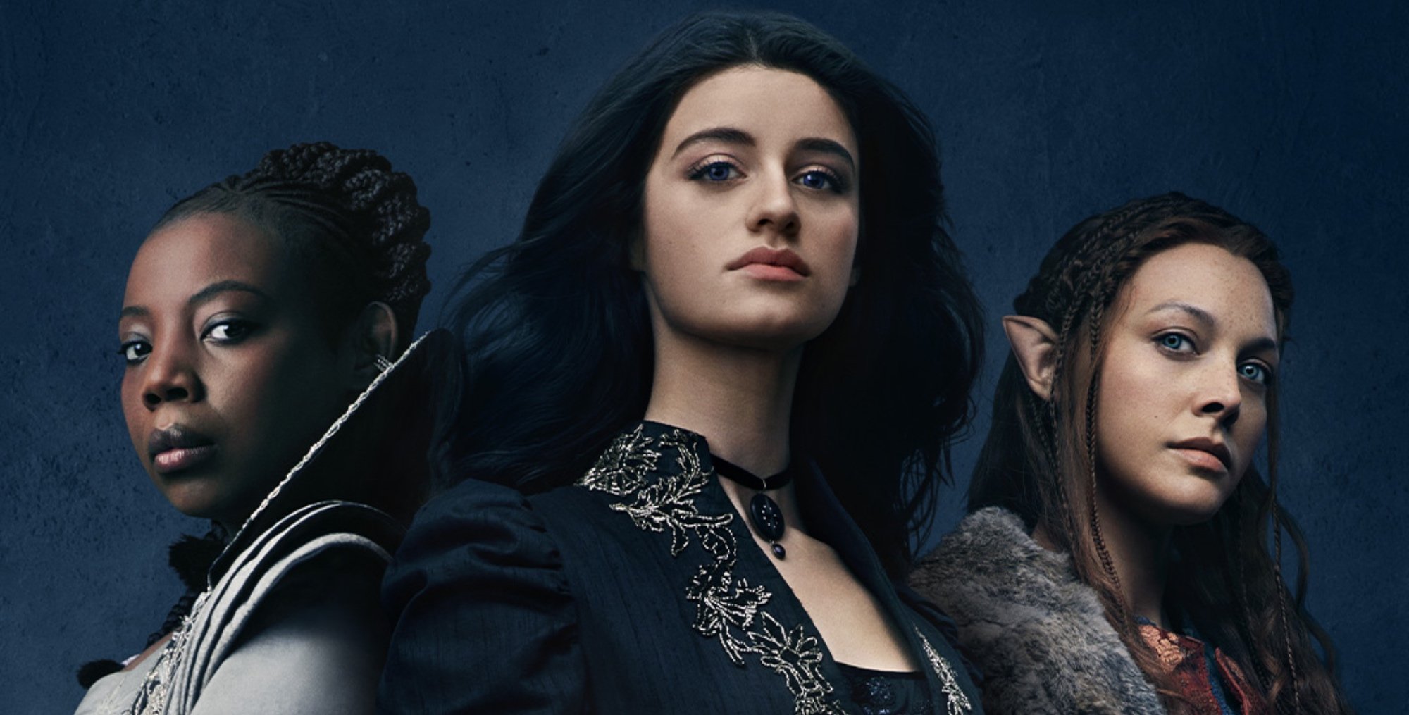 Fringilla, Yennefer and Francesca in 'The Witcher' Season 2 in relation to Hissrich wearing grey and blue gowns.
