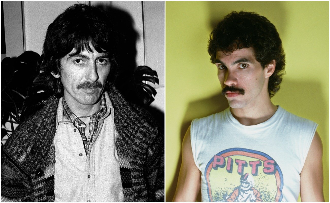George Harrison wearing lots of layers in a portrait in 1978, and John Oates wearing a white sleeve-less shirt in 1980.