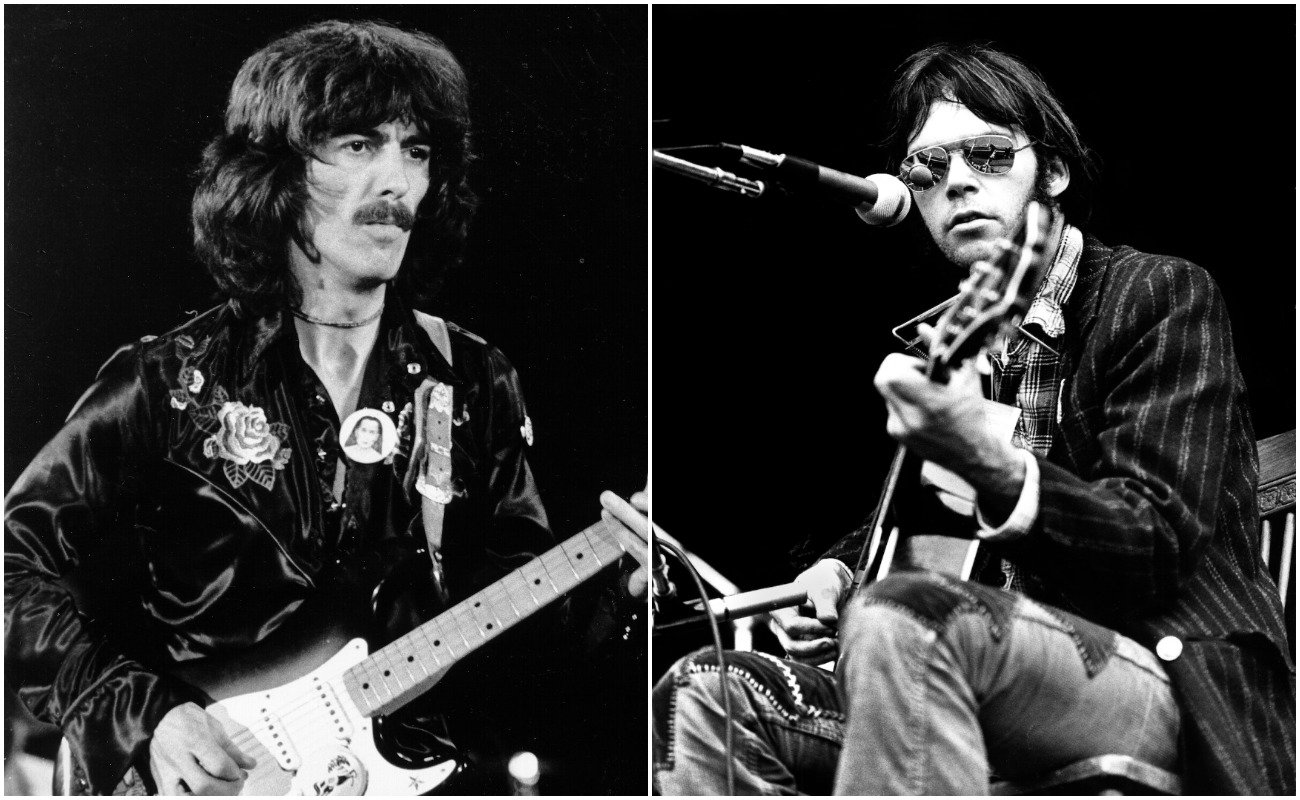 (L-R) George Harrison performing in black at Cow Palace, California, 1975. Neil Young performing in black in London, 1974.
