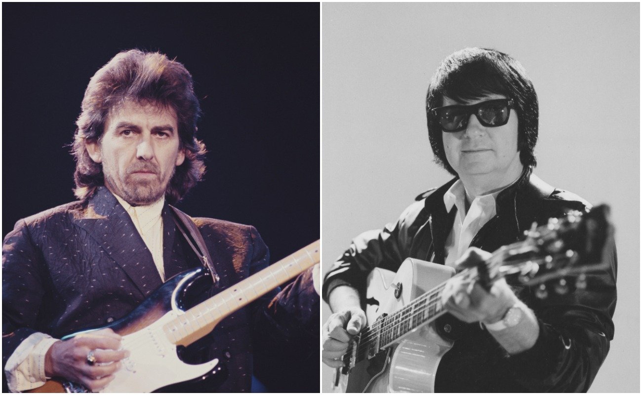 George Harrison performing in a black suit at the Prince's Trust Concert in 1987, and Roy Orbison posing in a black jacket for Radio Times in 1985.