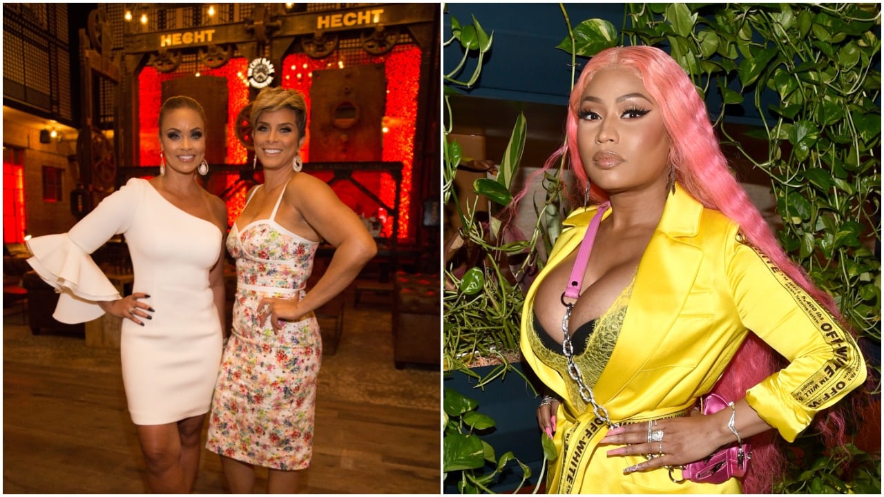 Gizelle Bryant and Robyn Dixon posing and smiling while attending "Real Housewives Of Potomac" Premiere Party; Nicki Minaj posing as E!, ELLE & IMG celebrate the Kick-Off To NYFW: The Shows at The Pool