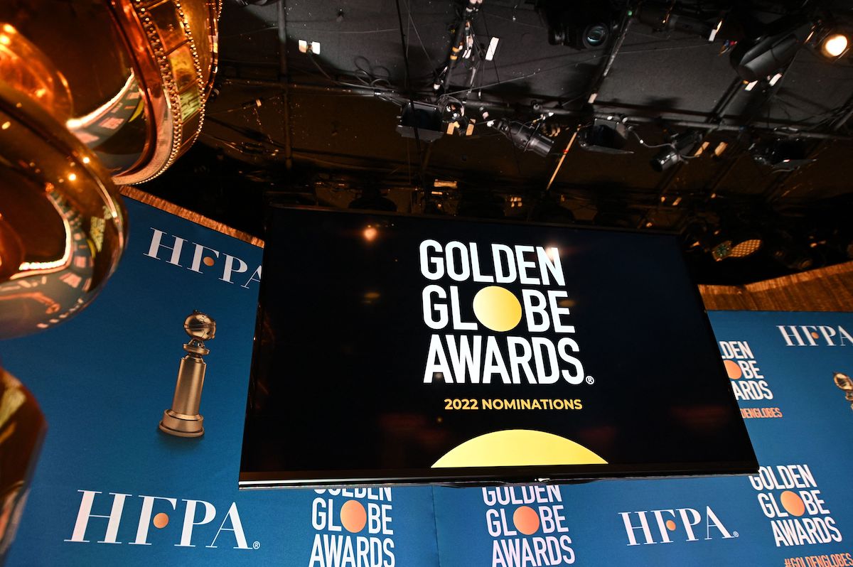 A monitor and backdrop are set up for the Golden Globe 2022 nominations