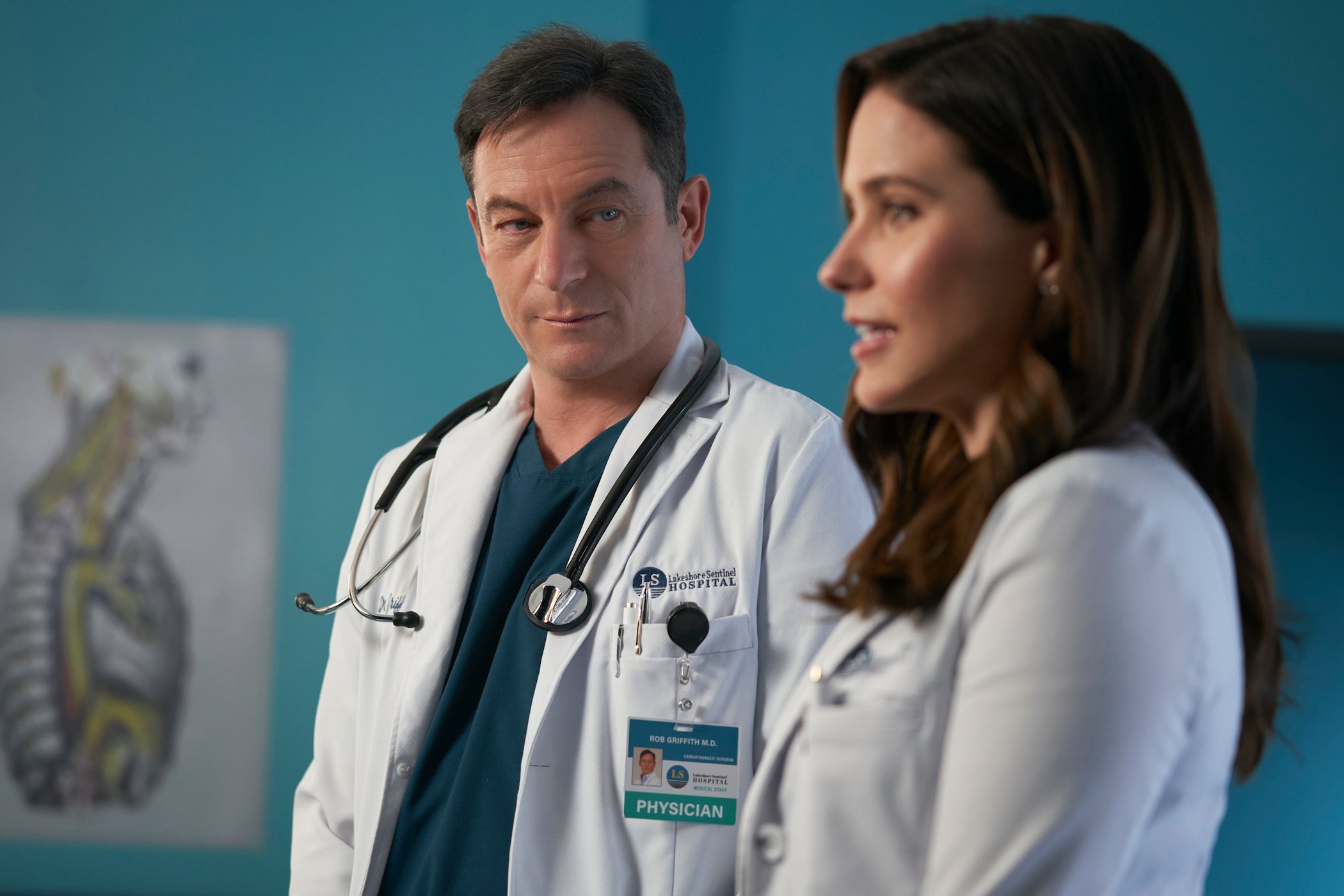 Sophia Bush and Jason Isaacs as Dr. Rob Griffith and Dr. Sam Griffith in 'Good Sam' 