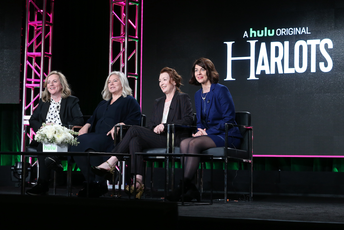 Harlots executive producers Debra Hayward, Alison Owen, and Moira Buffini and actor Lesley Manville (second from right)