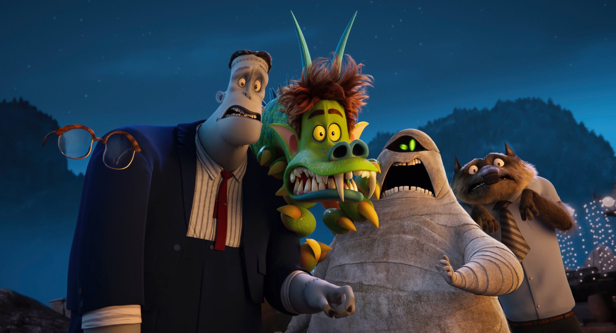 'Hotel Transylvania: Transformania' Griffin the Invisible Man (David Spade), Frank (Brad Abrell) Monster Johnny (Andy Samberg), Murray (Keegan-Michael Key) and Wayne (Steve Buscemi) in article about zombies all looking shocked