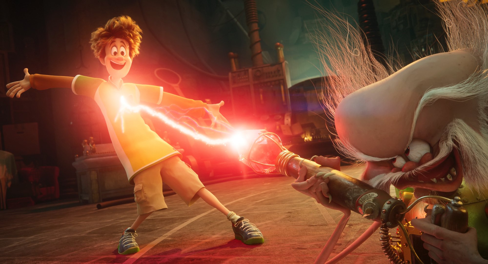 'Hotel Transylvania: Transformania' Van Helsing (voiced by Jim Gaffigan) shoots Jonathan (voiced by Andy Samberg) with Monsterification Ray with Jonathan holding his arms out