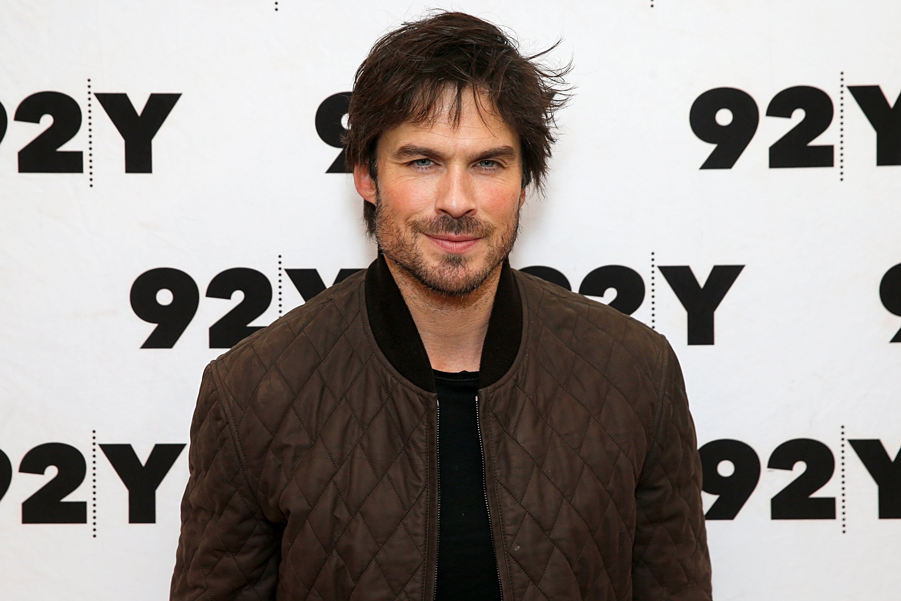 'The Vampire Diaries' star Ian Somerhalder wears a brown jacket over a black shirt.