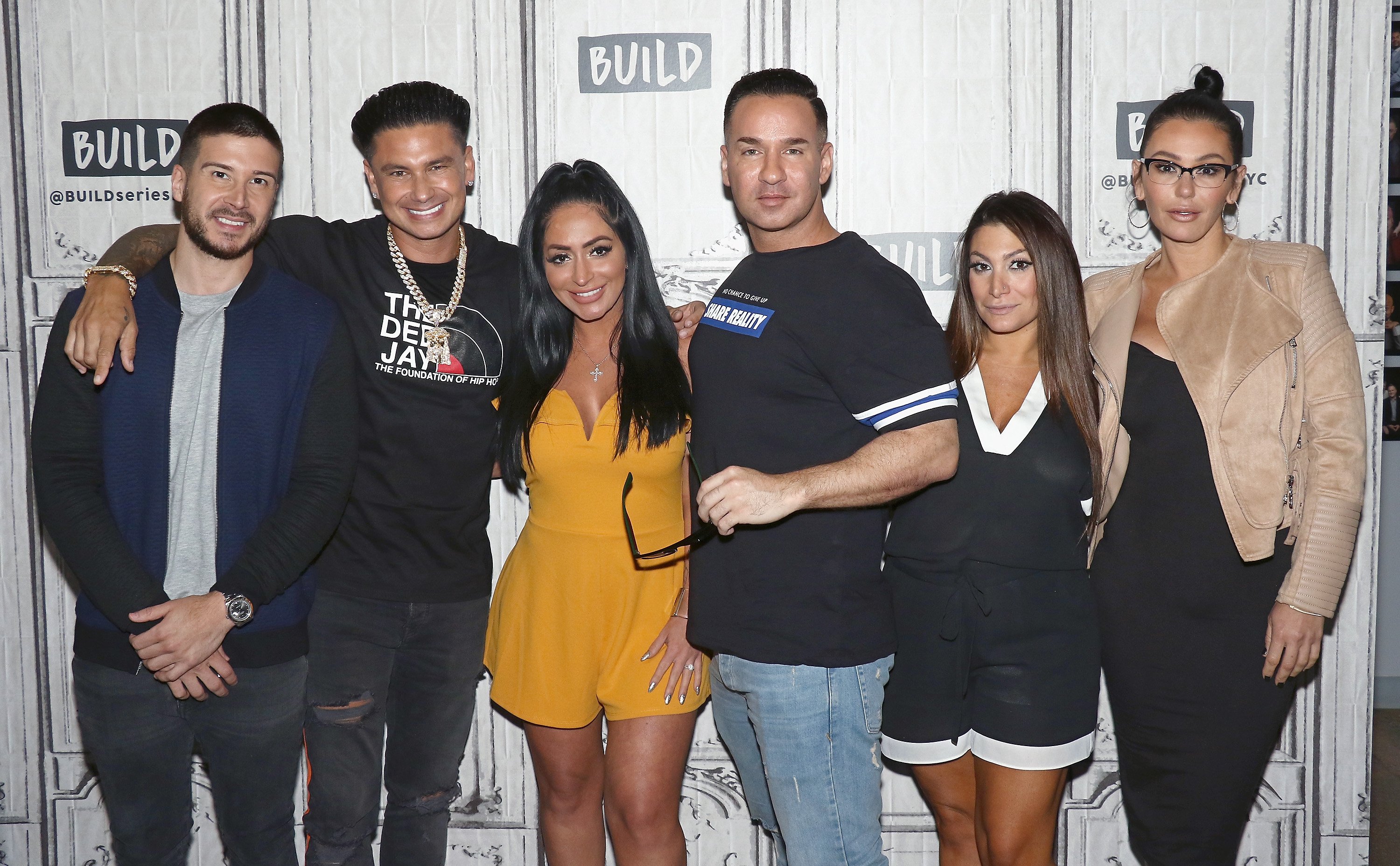 Cast of 'Jersey Shore: Family Vacation' from L to R: Vinny Guadagnino, Pauly DelVecchio, Angelina Larangeira, Mike 'The Situation' Sorrentino, Deena Cortese, and Jenni 'JWoww' Farley