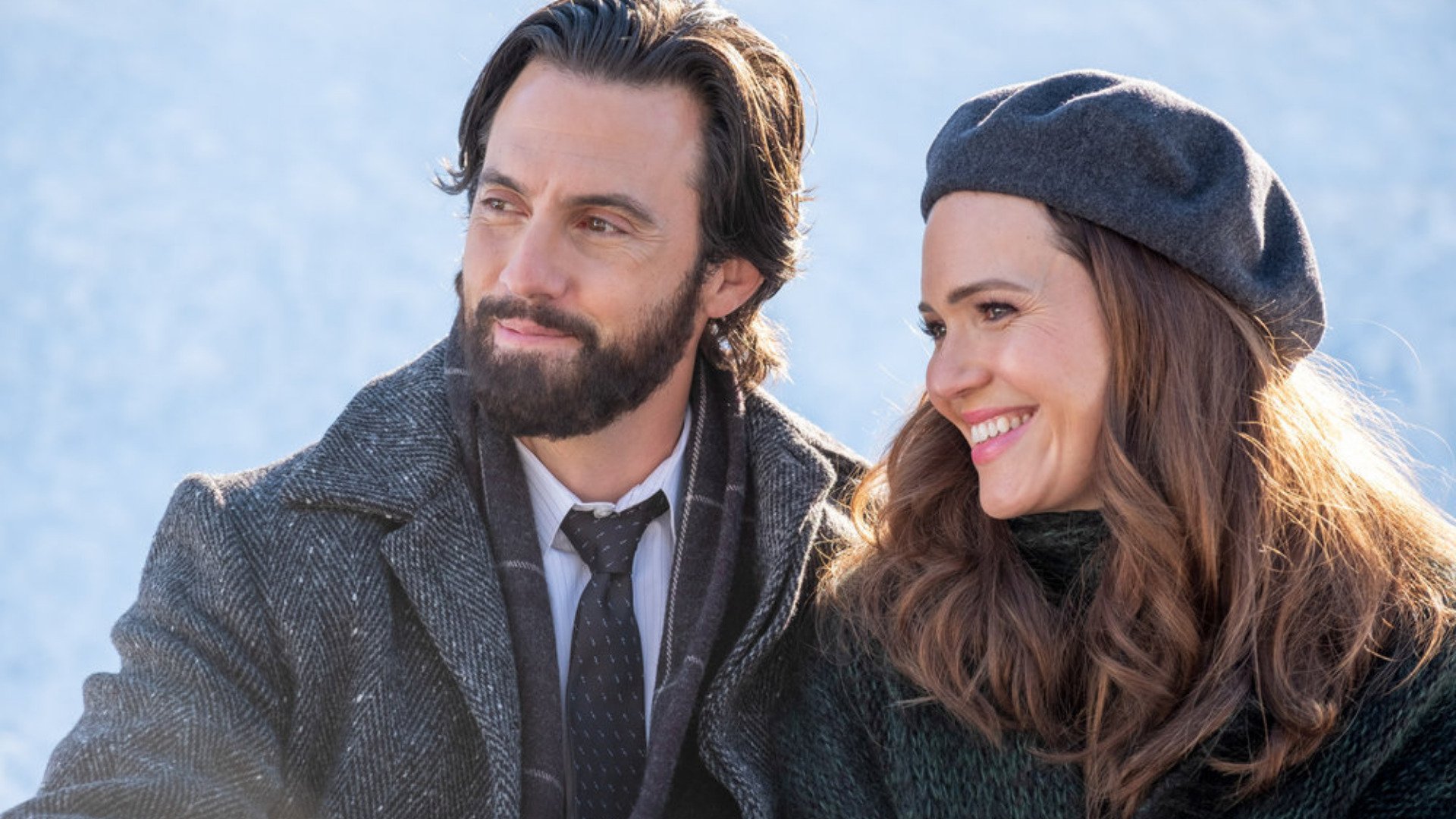 Milo Ventimiglia as Jack and Mandy Moore as Rebecca watching their kids skate in the snow in ‘This Is Us’ Season 6 Episode 4