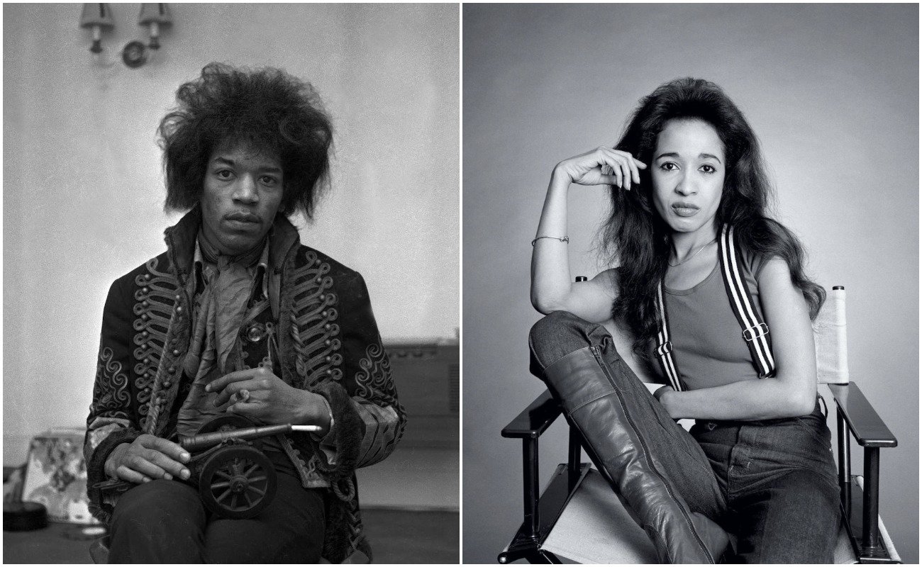 Jimi Hendrix wearing psychedelic clothes in 1967 and Ronnie Spector posing in suspenders, jeans, and boots in 1977.