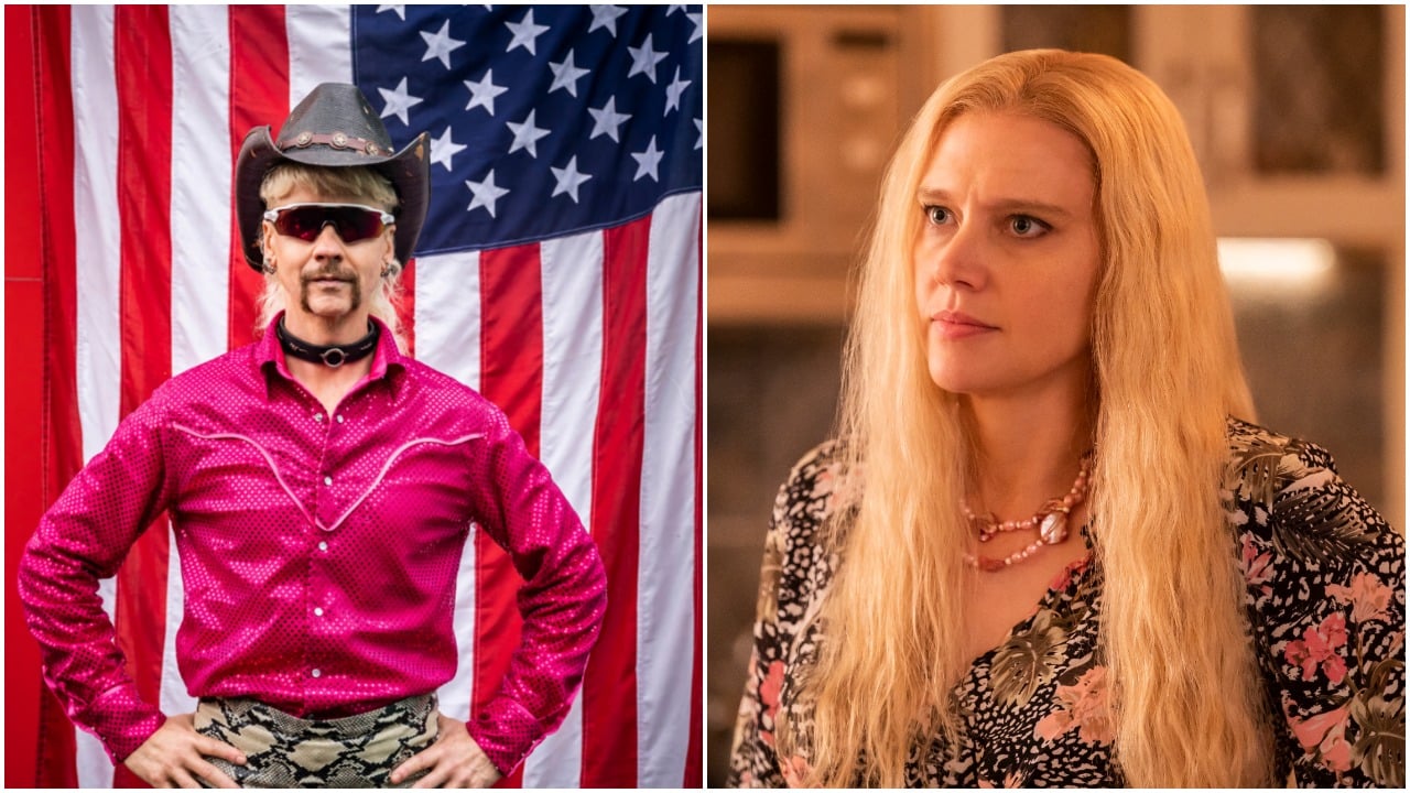 Side by side images of Joe Exotic (John Cameron Mitchell) wearing a pink shirt and standing in front of an American flag, and Carole Baskin (Kate McKinnon), with blonde hair and wearing floral print shirt in Peacock's 'Joe vs. Carole'