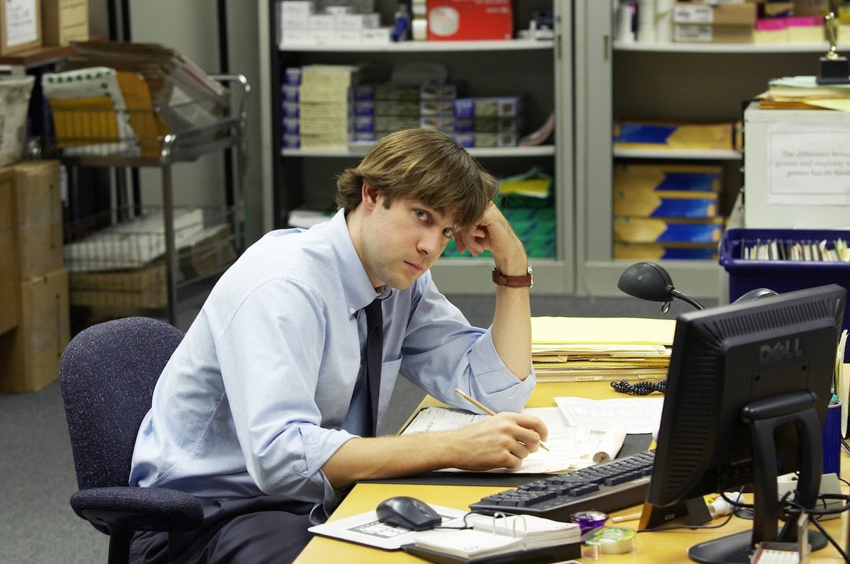 John Krasinski on the set of The Office as Jim Halpert