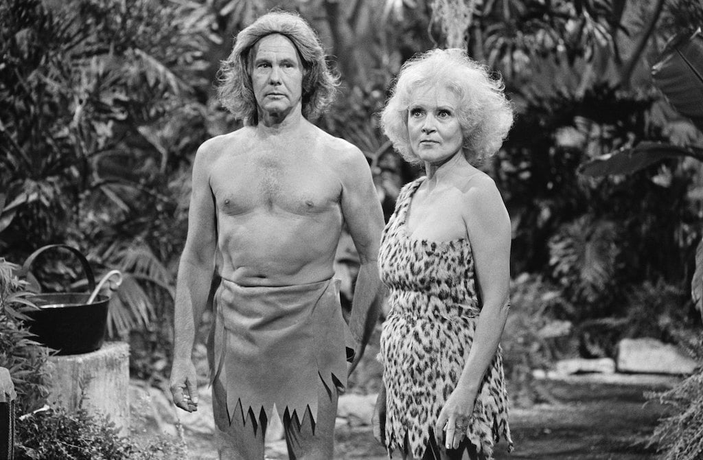 Johnny Carson as Tarzan and actress Betty White as Jane during the 'Tarzan and the Apes" skit  on August 14, 1981 