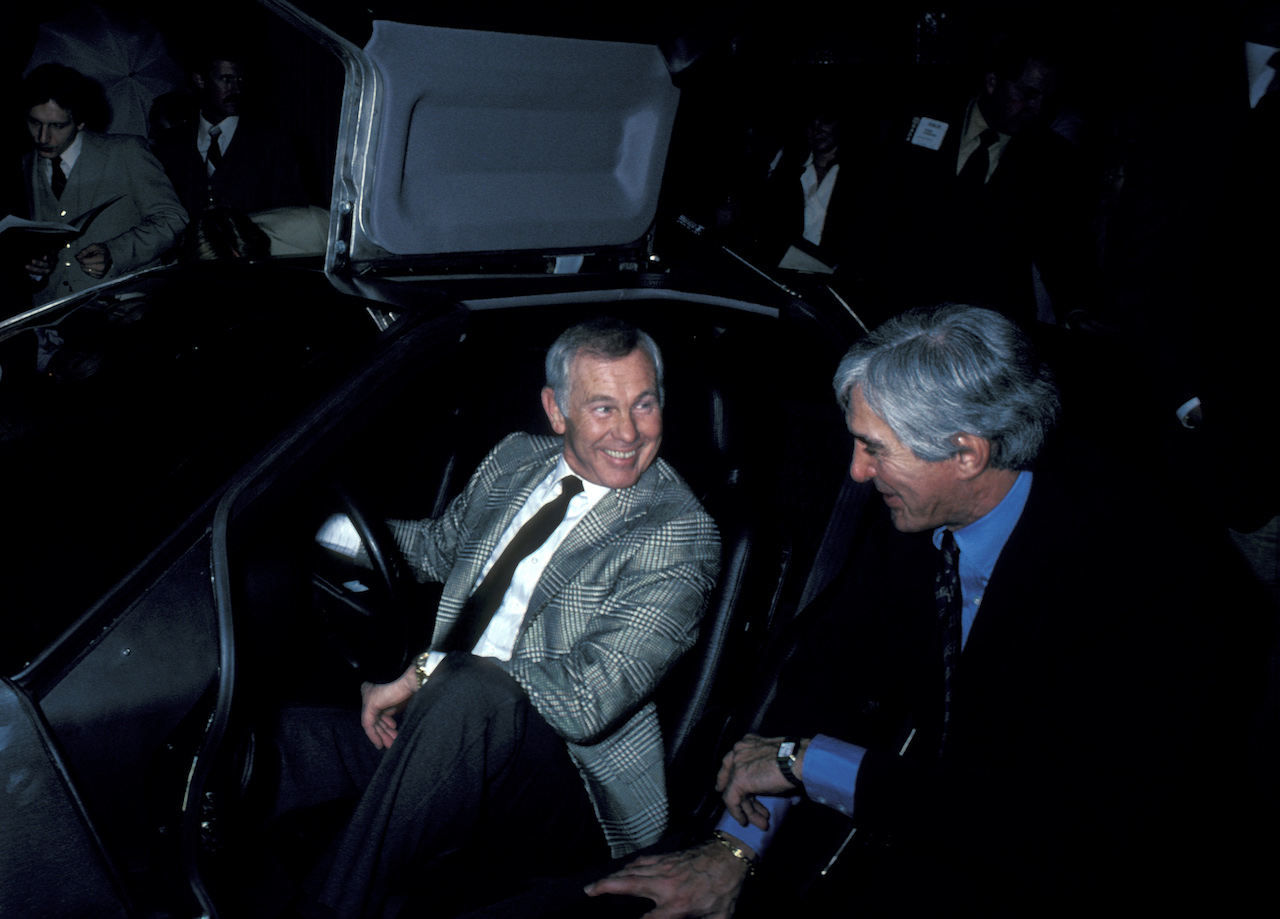 Johnny Carson and John DeLorean during unveiling of the DeLorean Motor Car in 1981