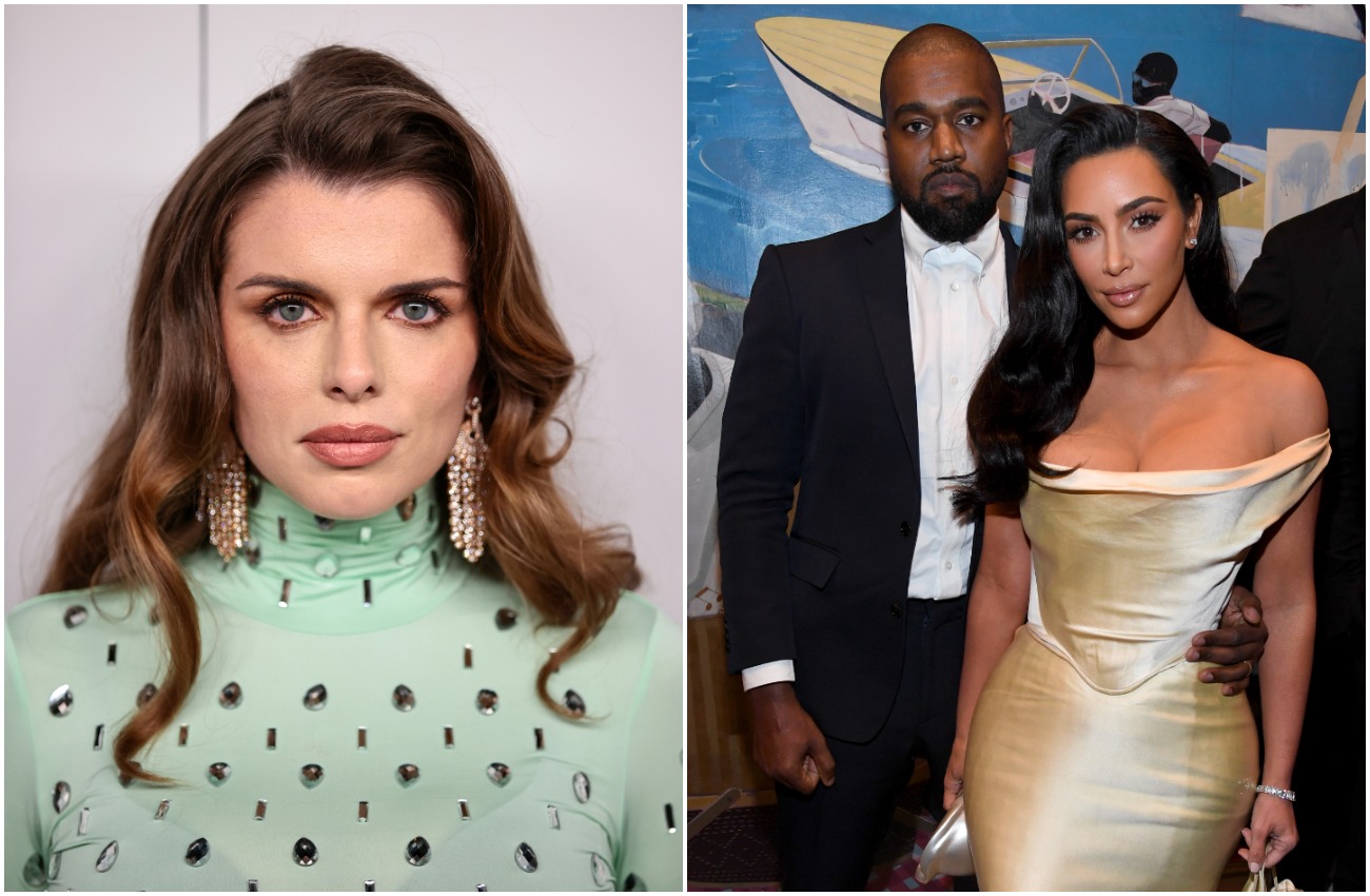 Julia Fox wearing a green turtleneck top, Kim Kardashian wearing a strapless white dress and standing in front of Kanye West