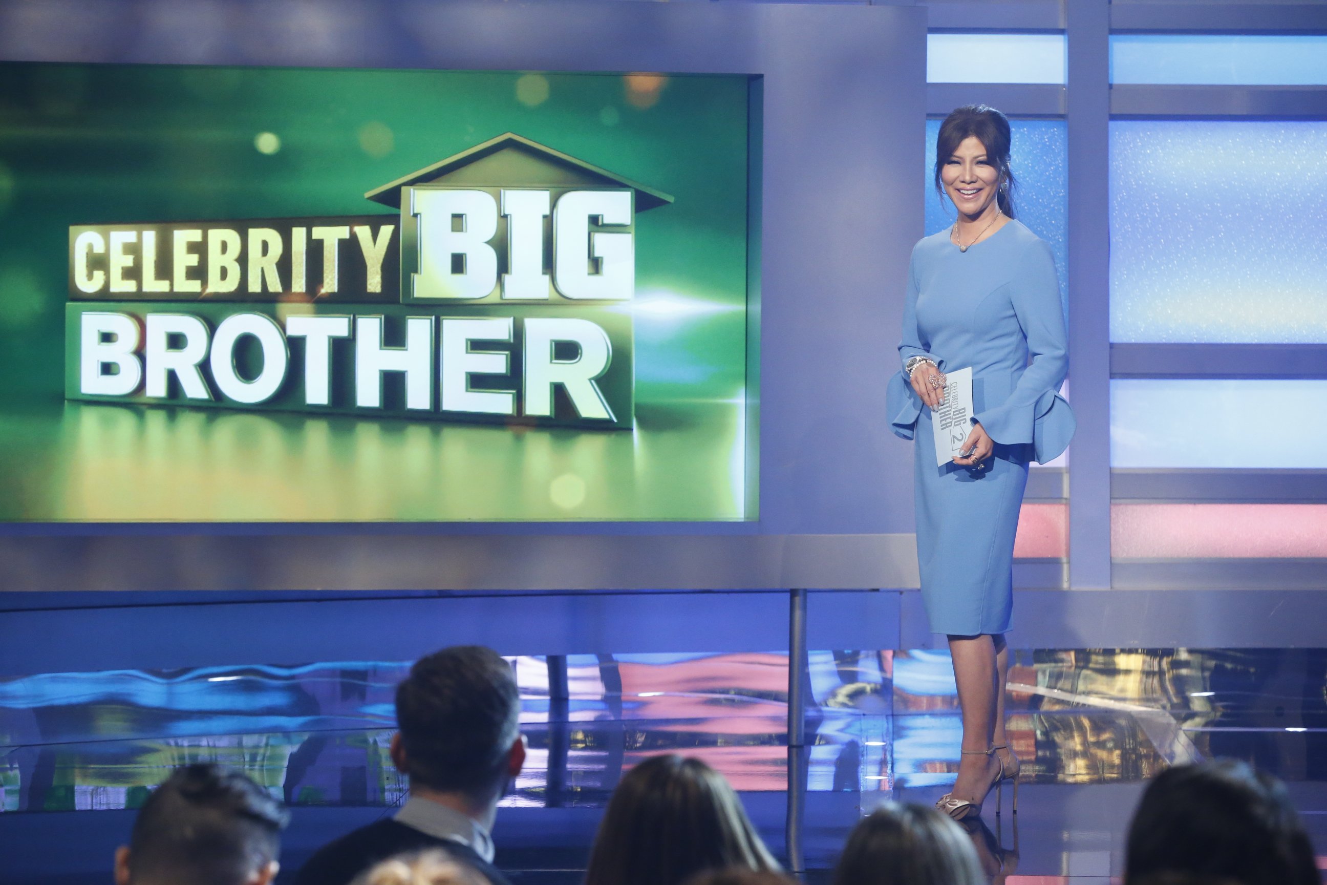 Julie Chen Moonves on stage smiling during 'Celebrity Big Brother'