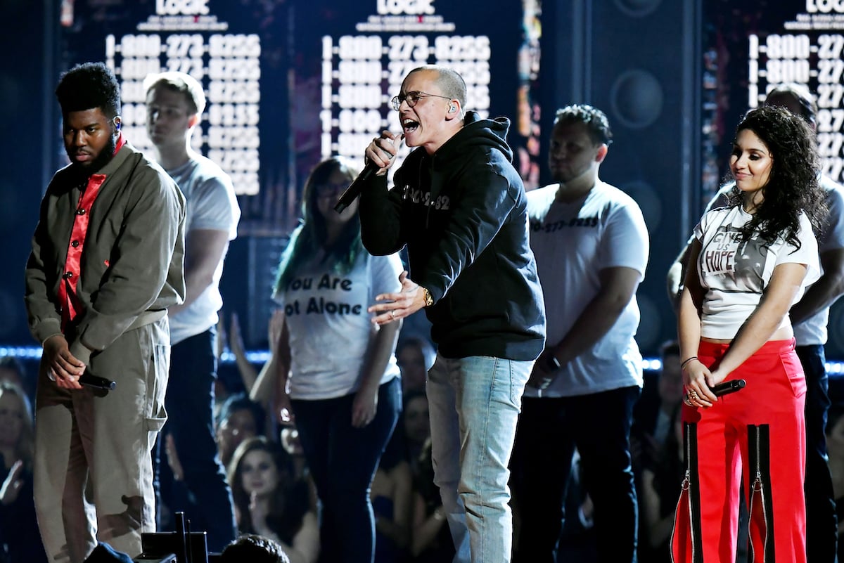 Recording artists Khalid, Logic, and Alessia Cara perform onstage during the 2018 GRAMMY Award