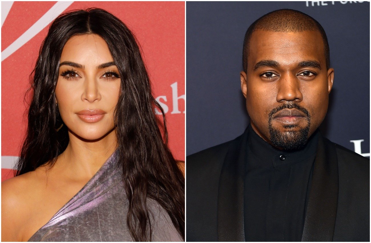 Kim Kardashian West wearing an off-shoulder top in front of a red background, Kanye West wearing all-black in front of a gray background