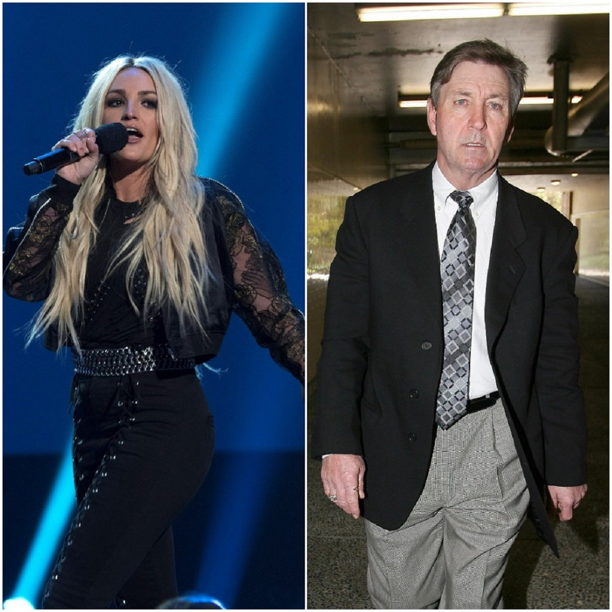 (L): Jamie Lynn Spears singing onstage, (R): Jamie Spears leaving a courthouse