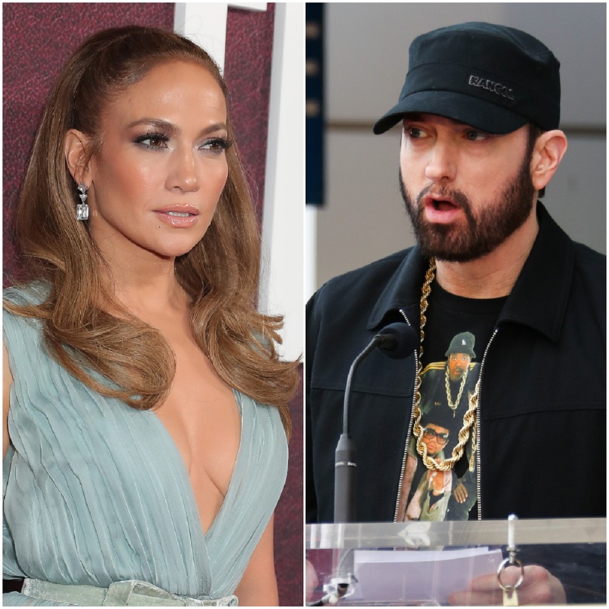 (L) Jennifer Lopez dons a pastel gown at a premiere in LA, (R) Eminem speaking a ceremony for 50 Cent’s star on Hollywood Walk of Fame