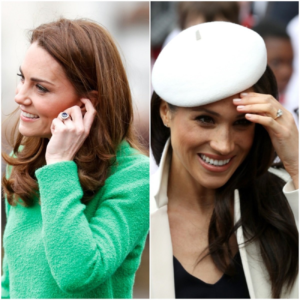 (L) Meghan Markle's engagement ring can be seen as she touches her forehead, (R) Kate Middleton’s engagement ring can be seen as she tucks her hair behind her ear