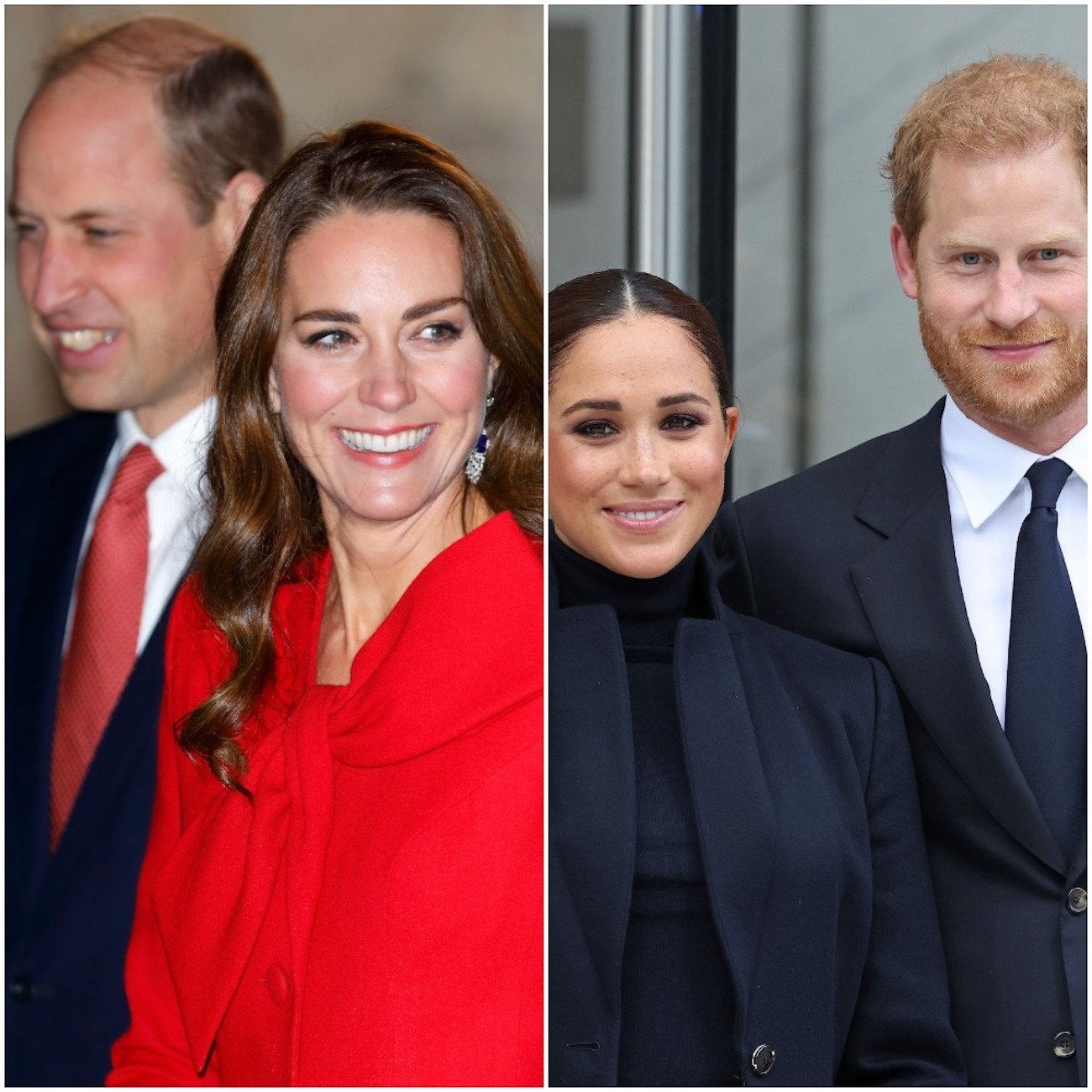 Prince William and Kate Middleton in 2021 and Meghan Markle and Prince Harry in 2021