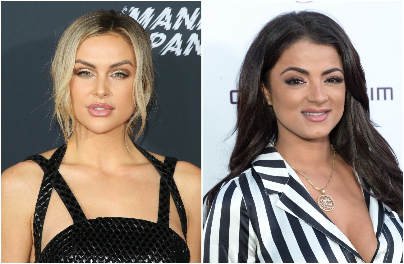 Lala Kent wearing a black outfit in front of dark background, Golnesa 'GG' Gharachedaghi wearing a black-and-white striped top in front of a white background
