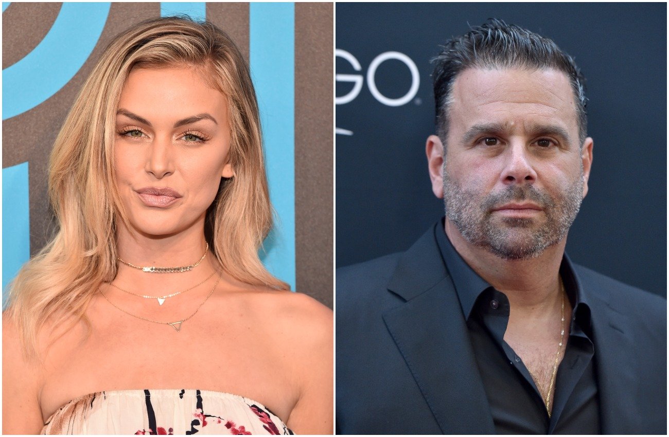 Lala Kent wearing a strapless top in front of a brown and blue background, Randall Emmett wearing a dark suit in front of a black background