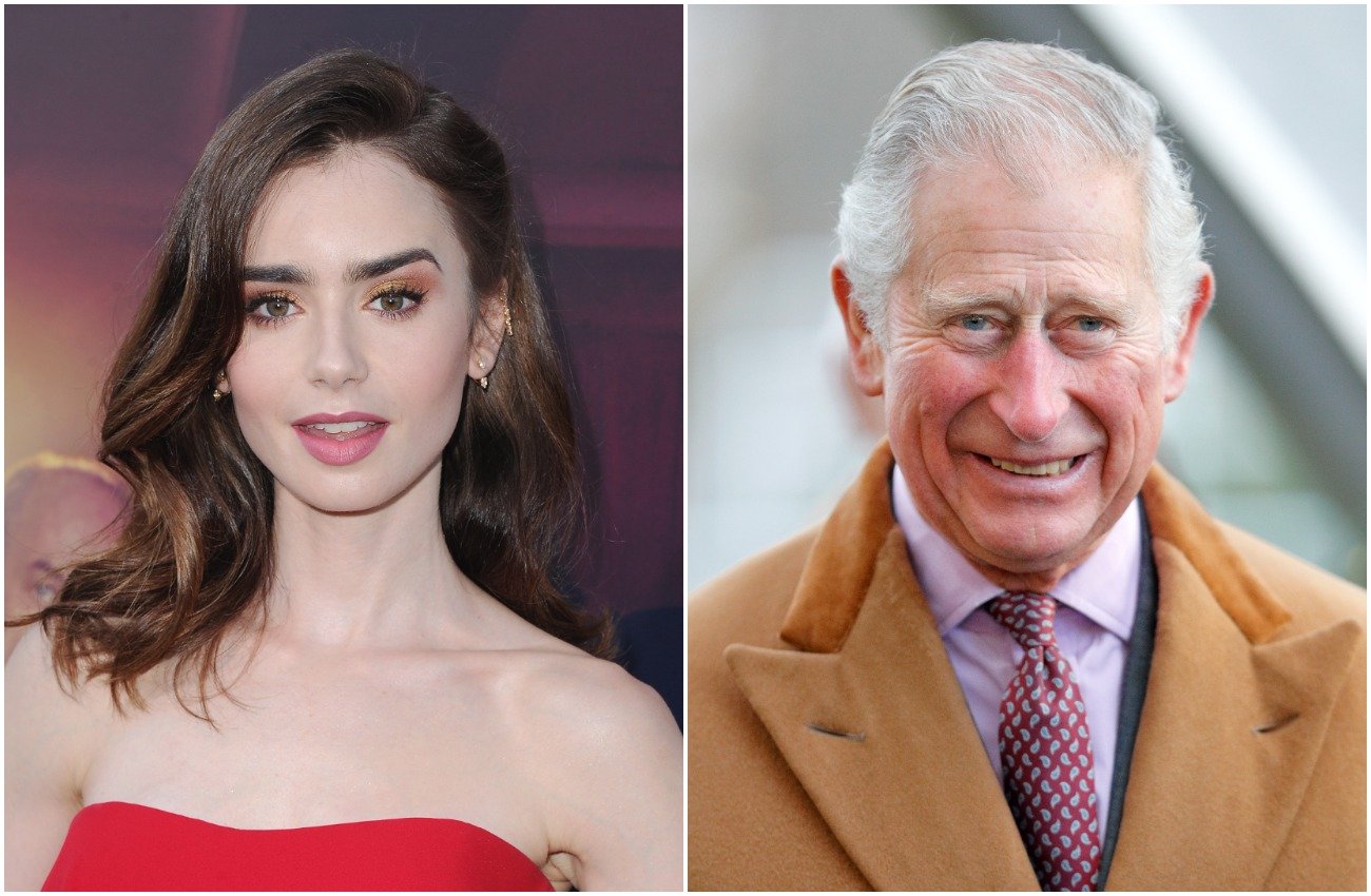 Lily Collins wearing a strapless top in front of a dark purple background, Prince Charles wearing a tan jacket and smiling