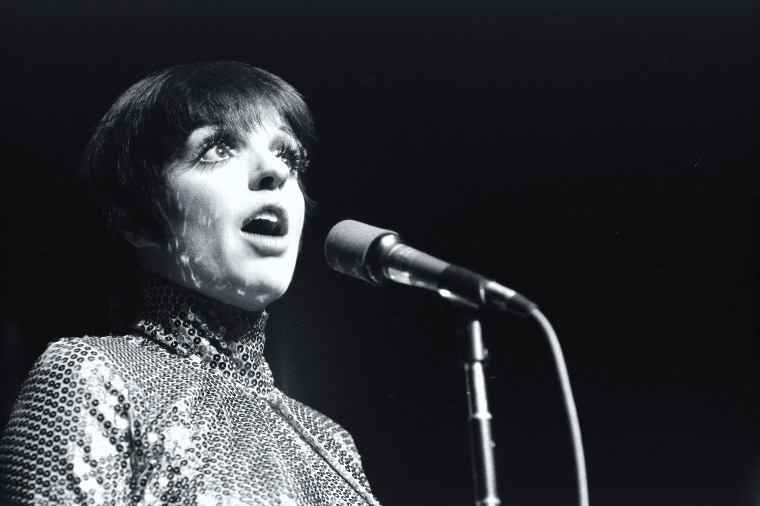 Liza Minnelli wears a sequined dress and sings into a microphone.