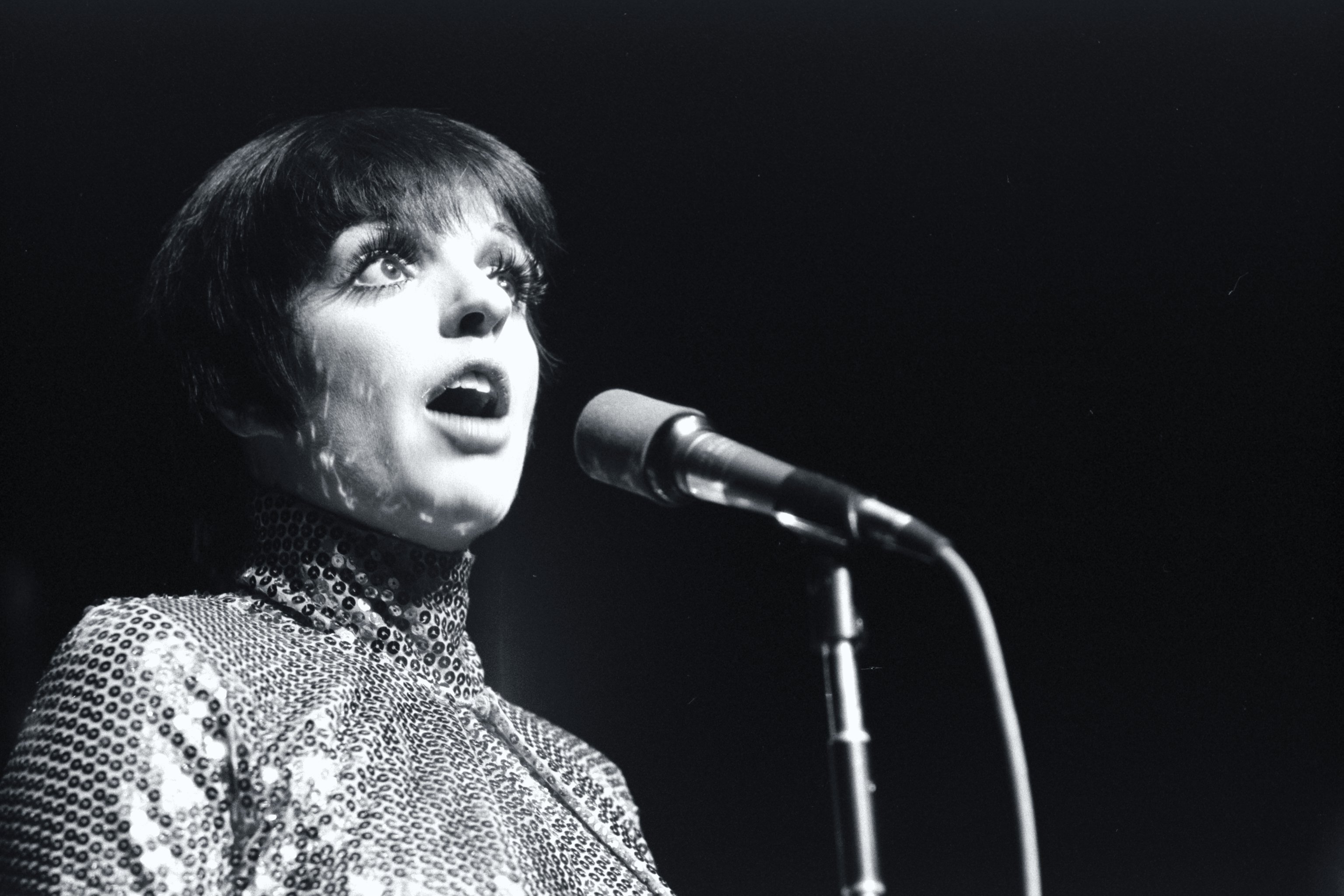 Liza Minnelli wears a sequined dress and sings into a microphone.