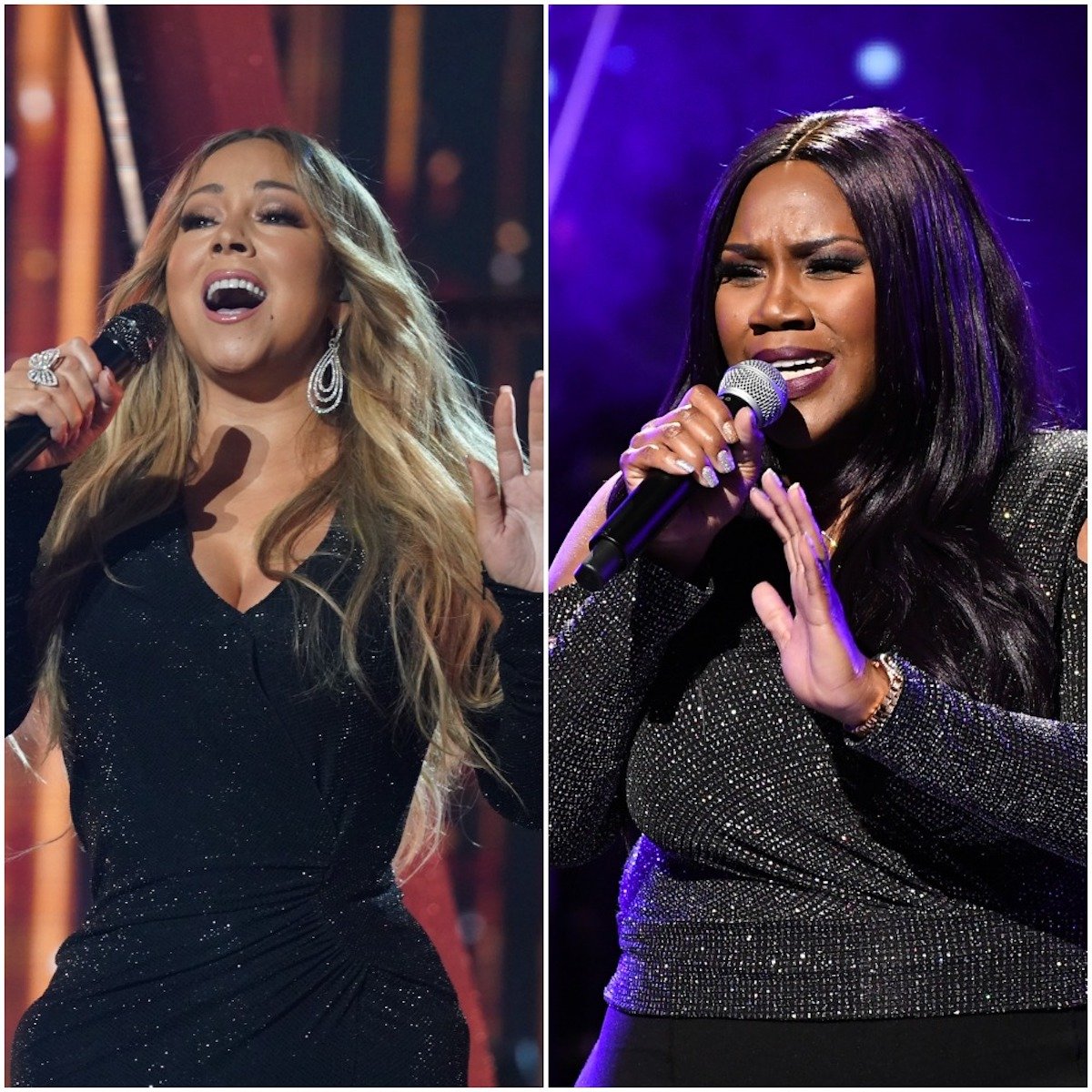 Mariah Carey and Kelly Price split photo on stage singing