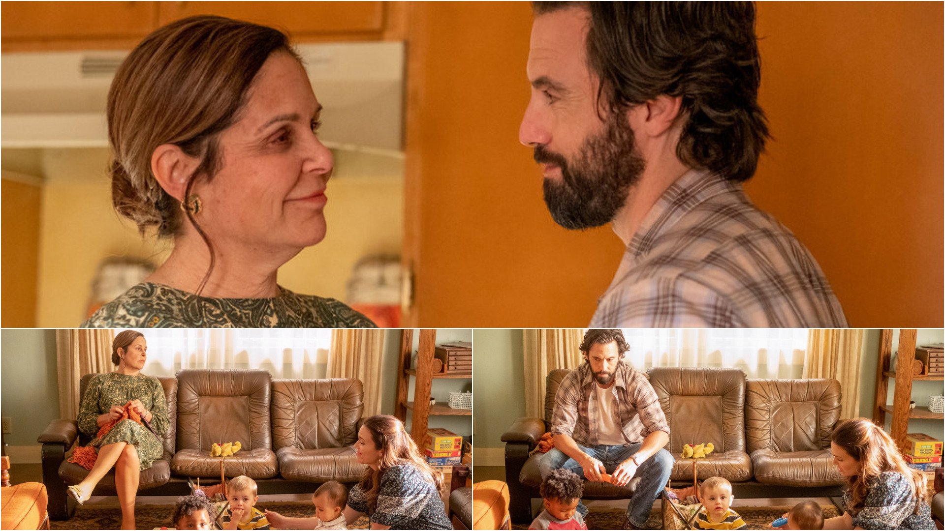 Collage of photos from ‘This Is Us’ Season 6 Episode 4 with Milo Ventimiglia as Jack, Mandy Moore as Rebecca, Laura Niemi as Marilyn, Baby Kate, Baby Kevin, and Baby Randall