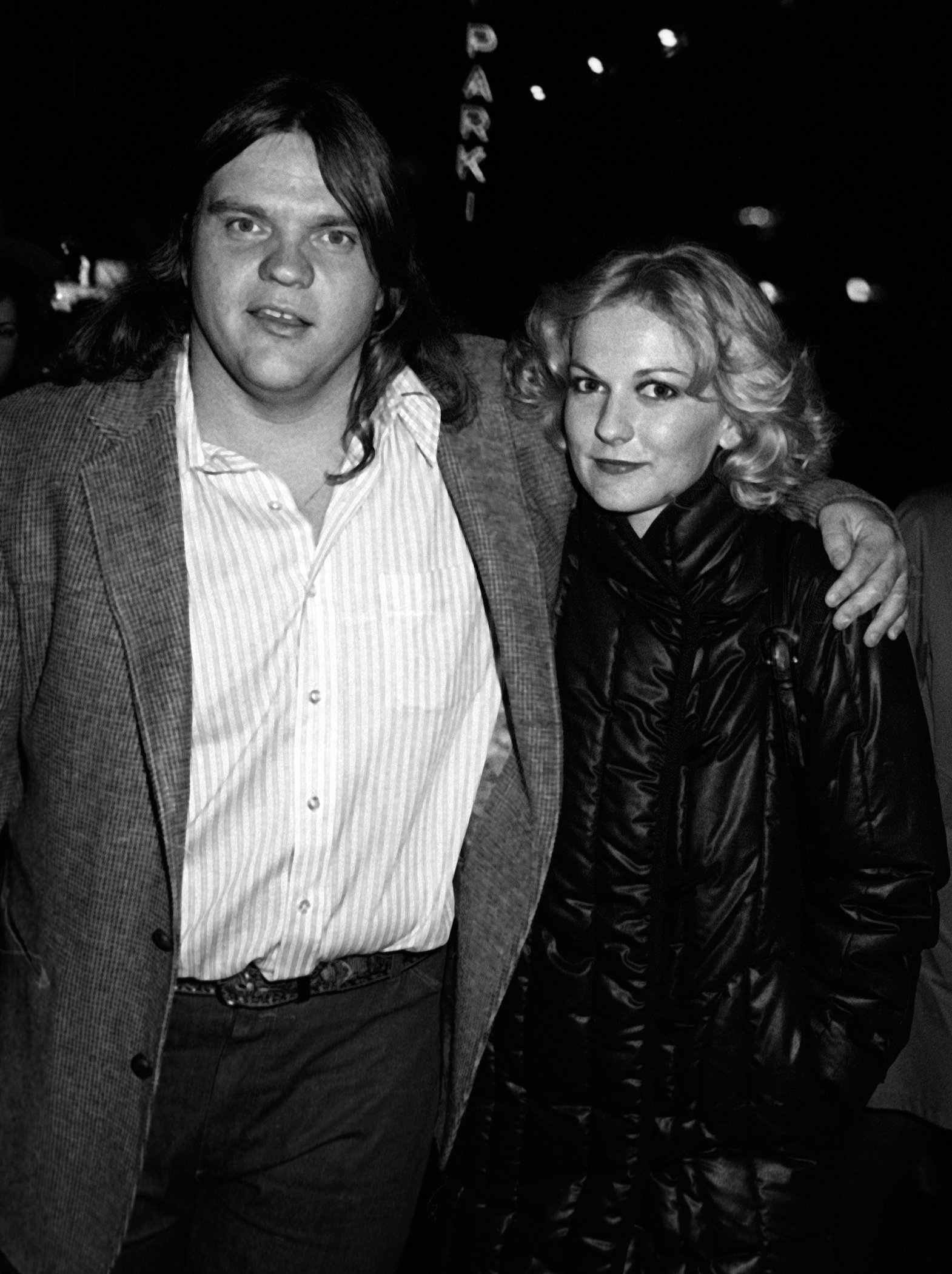 A black and white photo of Meat Loaf and ex-wife Leslie Aday