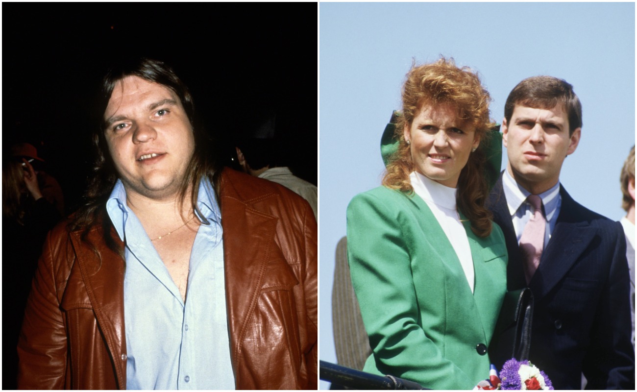 Meat Loaf posing wearing a brown leather jacket in 1979, Sarah Ferguson wearing a green outfit, and Prince Andrew wearing a suit watching a display by the Red Arrows in 1987.