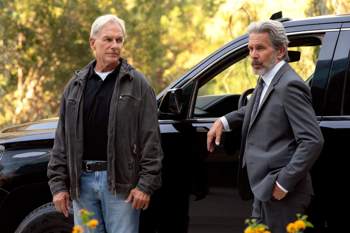 Mark Harmon as NCIS Special Agent Leroy Jethro Gibbs, Gary Cole as FBI Special Agent Alden Parker in a still from October 4, 2021