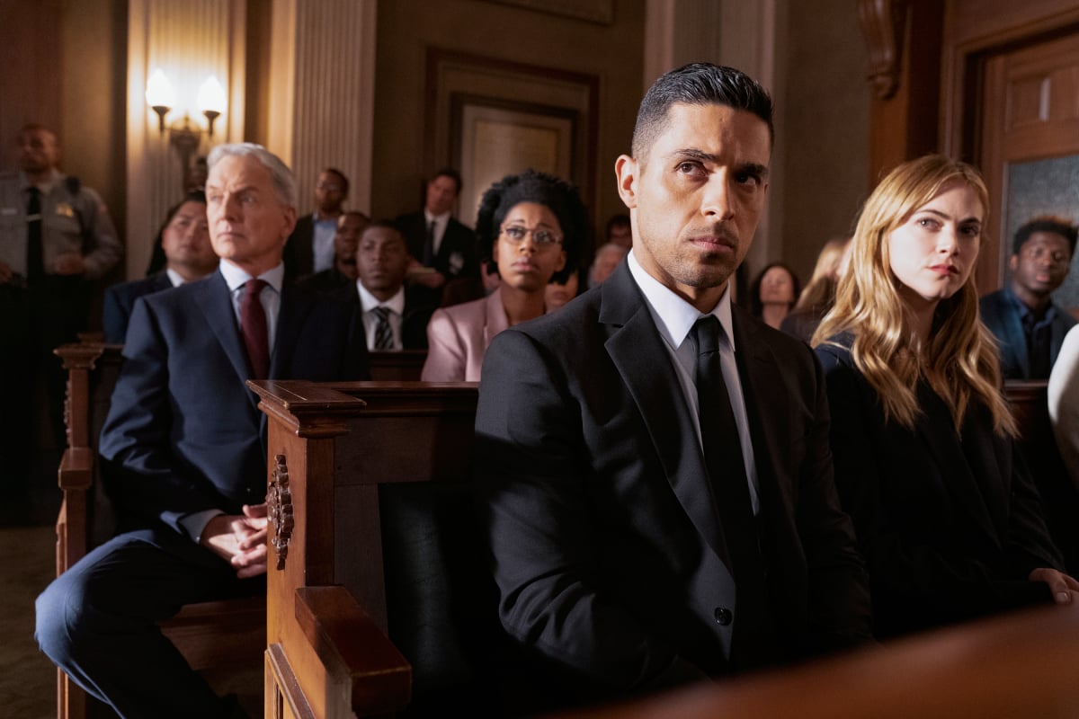 NCIS Mark Harmon (Gibbs), Wilmer Valderrama (Torres), and Emily Wickersham (Bishop) in a scene from 2018