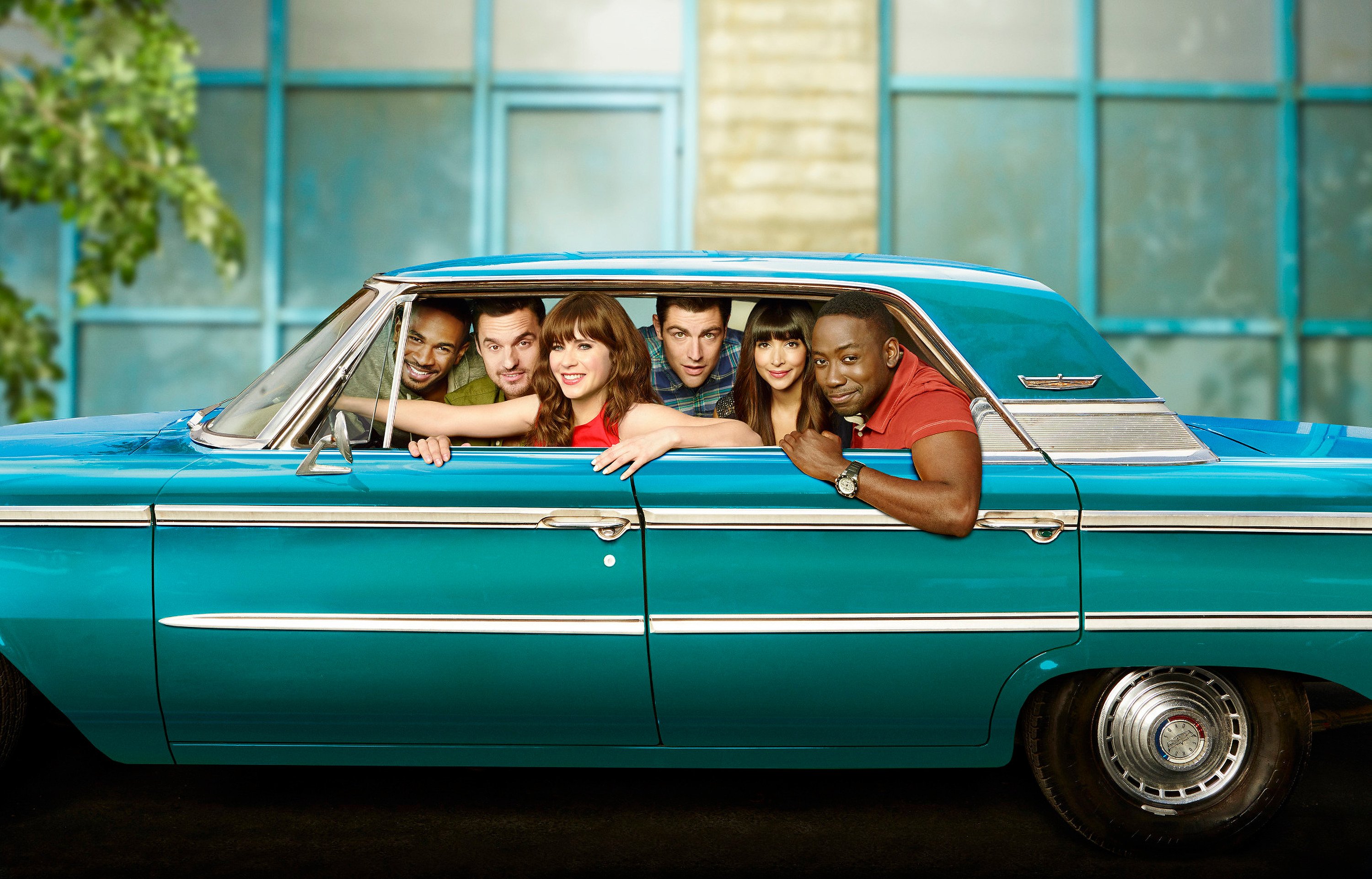 Damon Wayans, Jr., Jake Johnson, Zooey Deschanel, Max Greenfield, Hannah Simone and Lamorne Morris in promotional photos for 'New Girl'