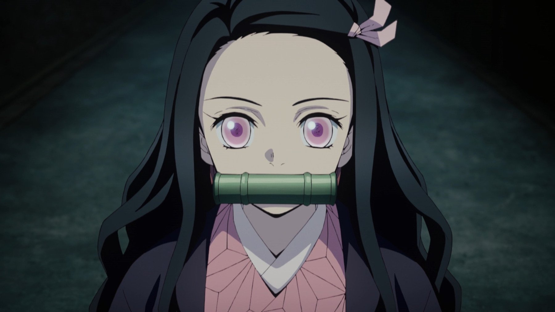 Nezuko in 'Demon Slayer' Season 1. She's staring directly at the screen.