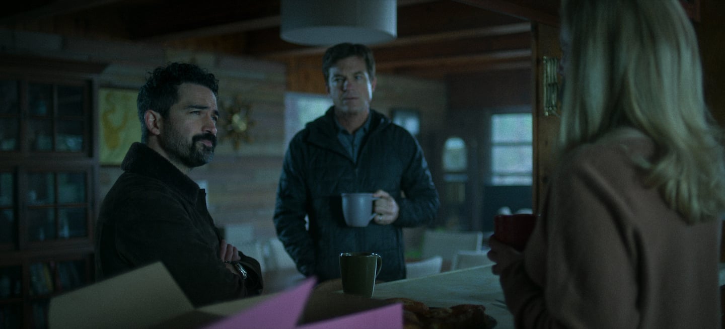 Alfonso Herrera as Javi, Jason Bateman as Martin 'Marty' Byrde, and Laura Linney as Wendy Byrde in 'Ozark' Season 4 Part 1