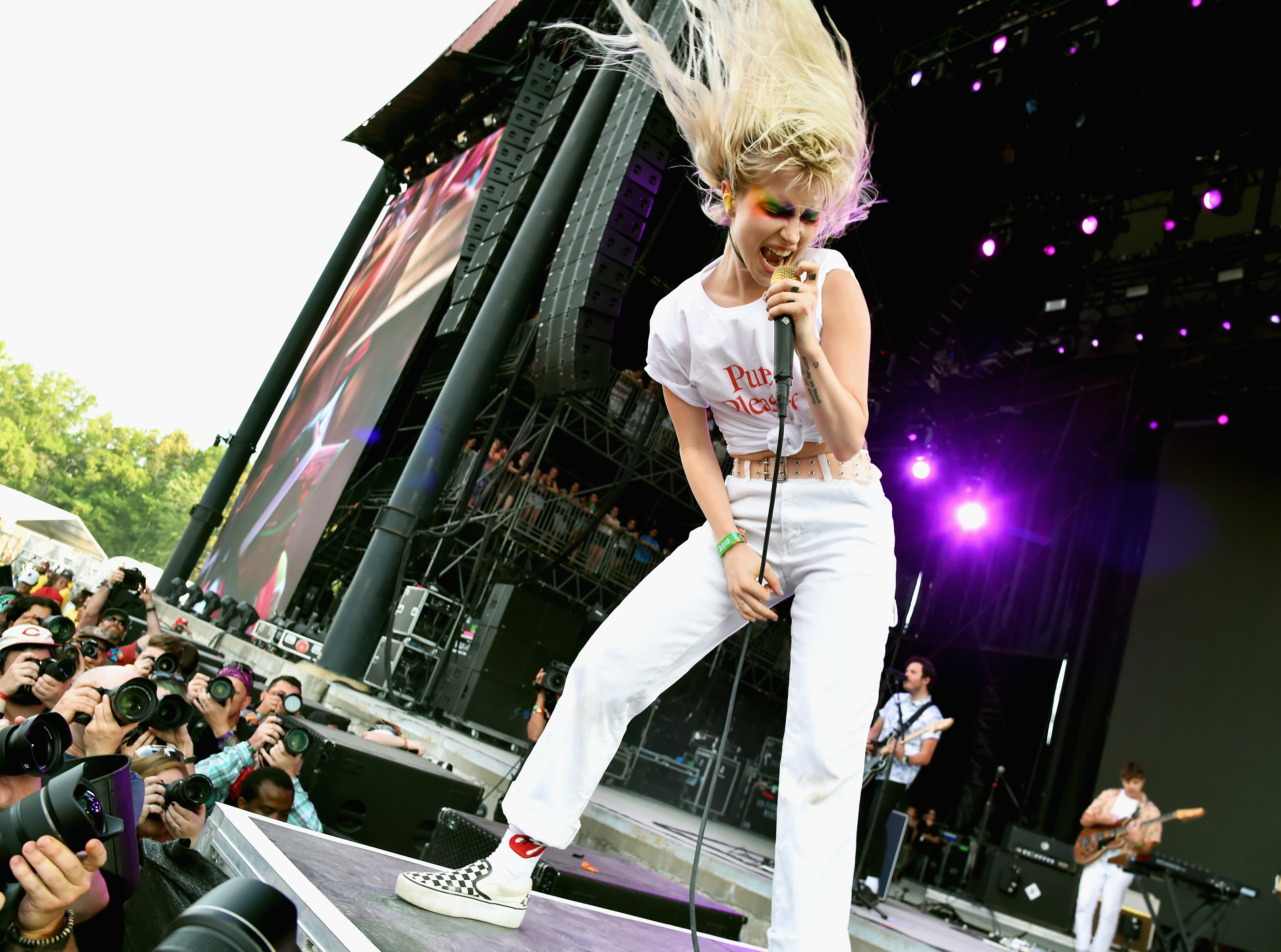 Hayley Williams of Paramore performs on What Stage during day 2 of the 2018 Bonnaroo Arts And Music Festival dressed in white